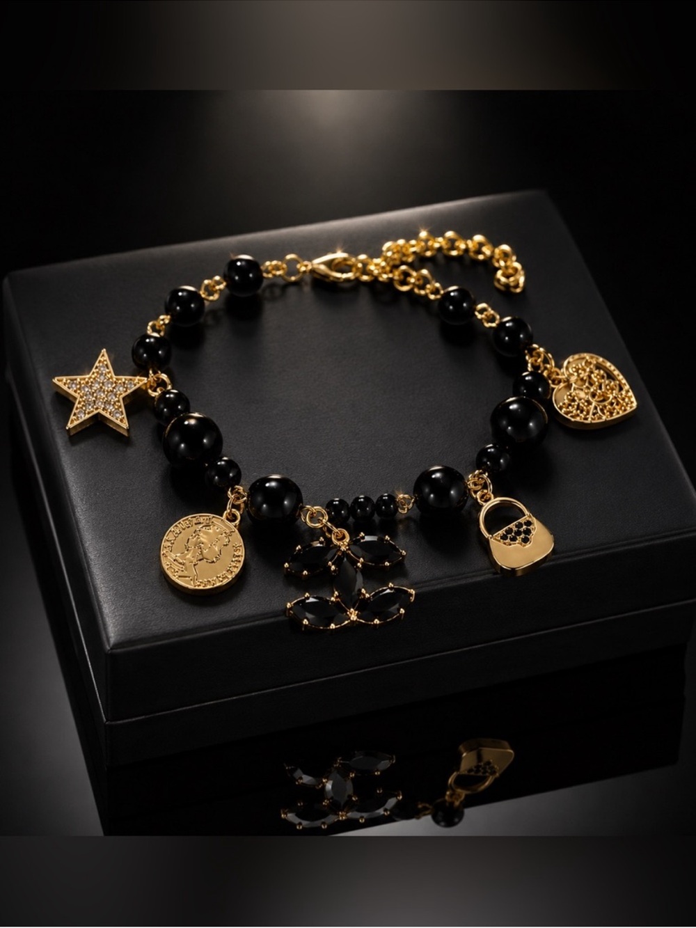 Gold and Black Crystal and Pearl CC Charm Bracelet